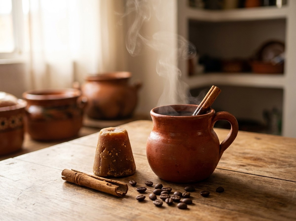 Café de Olla de Coatepec recién servido en jarrito de barro, con canela y cacao