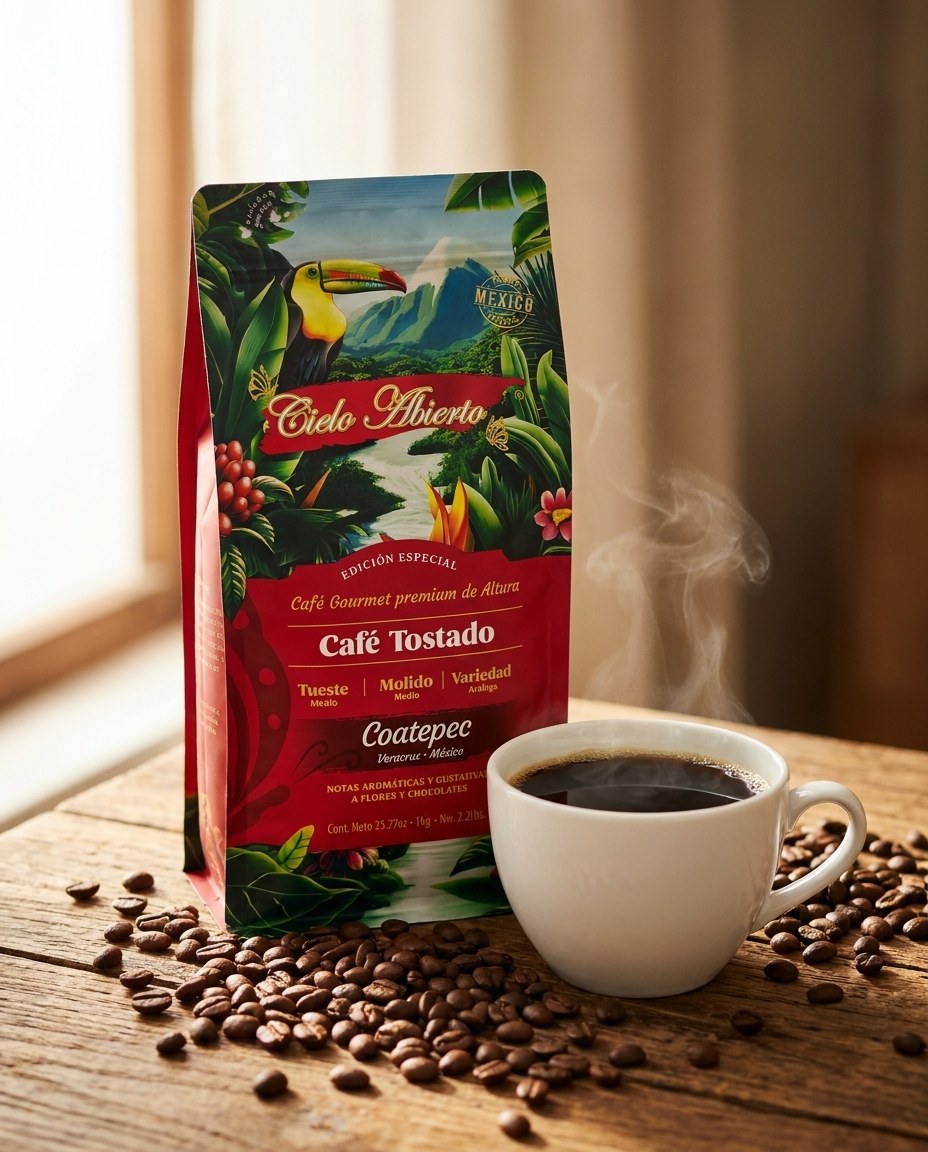 Café Tostado de Cielo Abierto recién preparado — bolsa y taza humeante