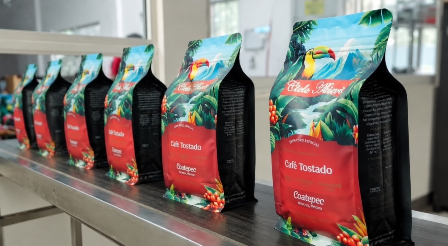 Bolsas de Café Cielo Abierto recién empacadas en la línea de producción
